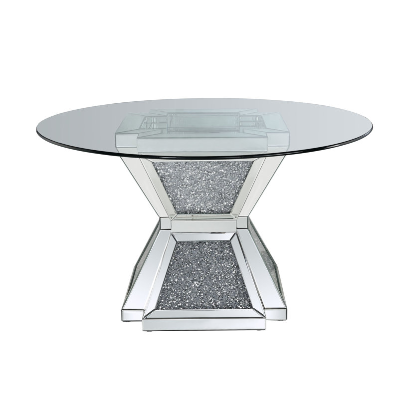 Table de salle à manger ACME Noralie, verre transparent, miroir et faux diamants