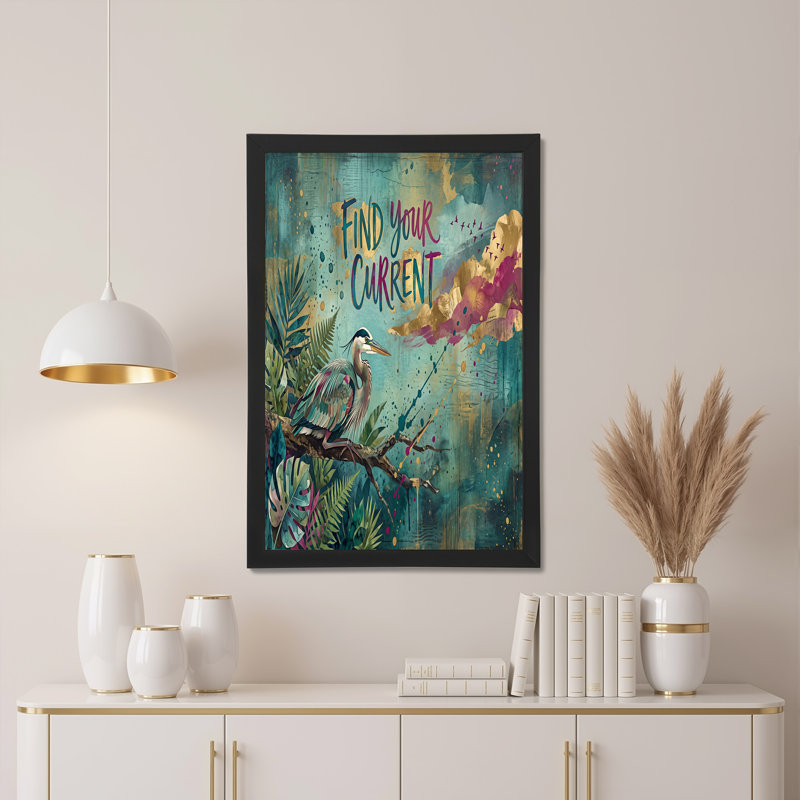 Héron bleu sur branche avec feuilles tropicales et feuille d'or, art mural, H 36 po x l 48 po