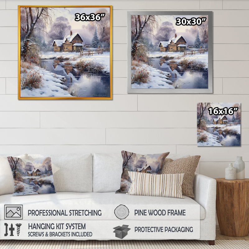 Charme d'hiver à la maison de campagne, H 36 po x l 36 po x P 1,5 po, Cadre flottant doré