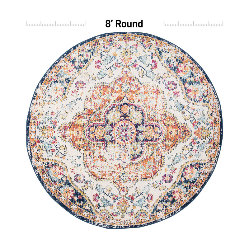 Beverly Oriental Orange/Blue/Cream Area Rug, Round 8'