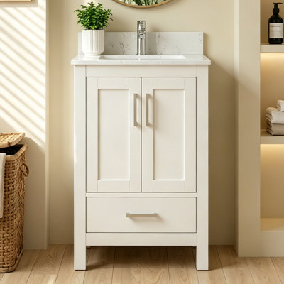 Petit meuble-lavabo de salle de bain 24 po avec comptoir en céramique, 2 portes, 1 tiroir et trou de robinet