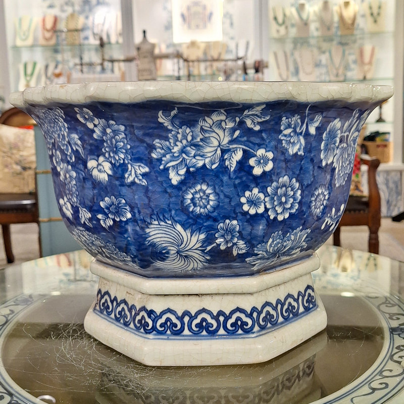 Pot de fleurs octogonal en porcelaine bleue à mille fleurs
