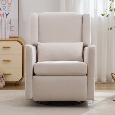 Fauteuil inclinable à bascule pivotant à oreilles de 29,5 po de largeur, fauteuil inclinable berçant et oscillant, fauteuil à bascule pour chambre à coucher, lin, beige
