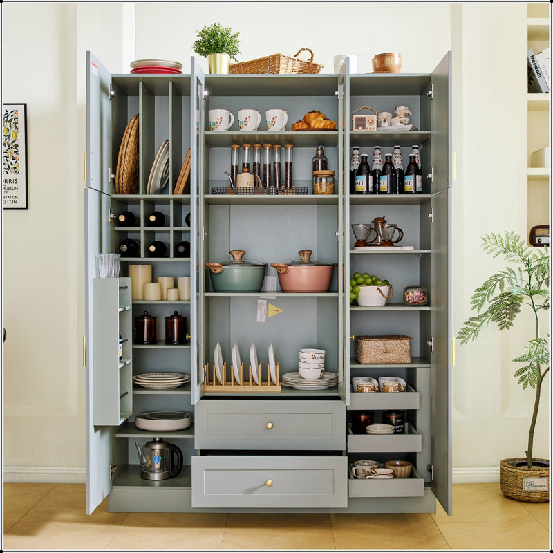 Grand garde-manger moderne avec 6 portes, tablettes réglables, plateaux coulissants et support à vin pour un rangement et une organisation efficaces