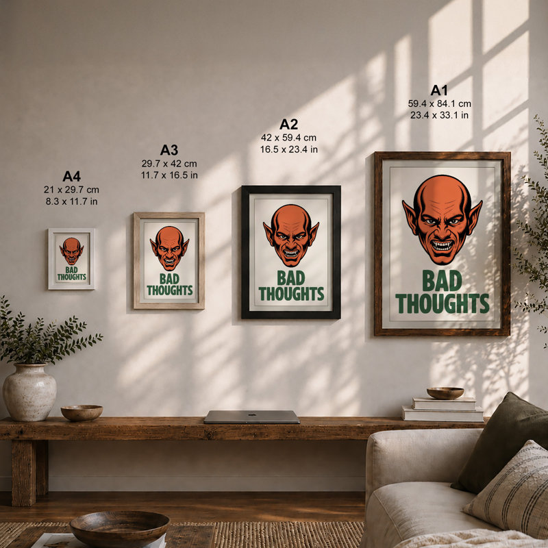 Bad Thoughts Typography - Framed Print, Black, A3 - 42.0 x 29.7 cm