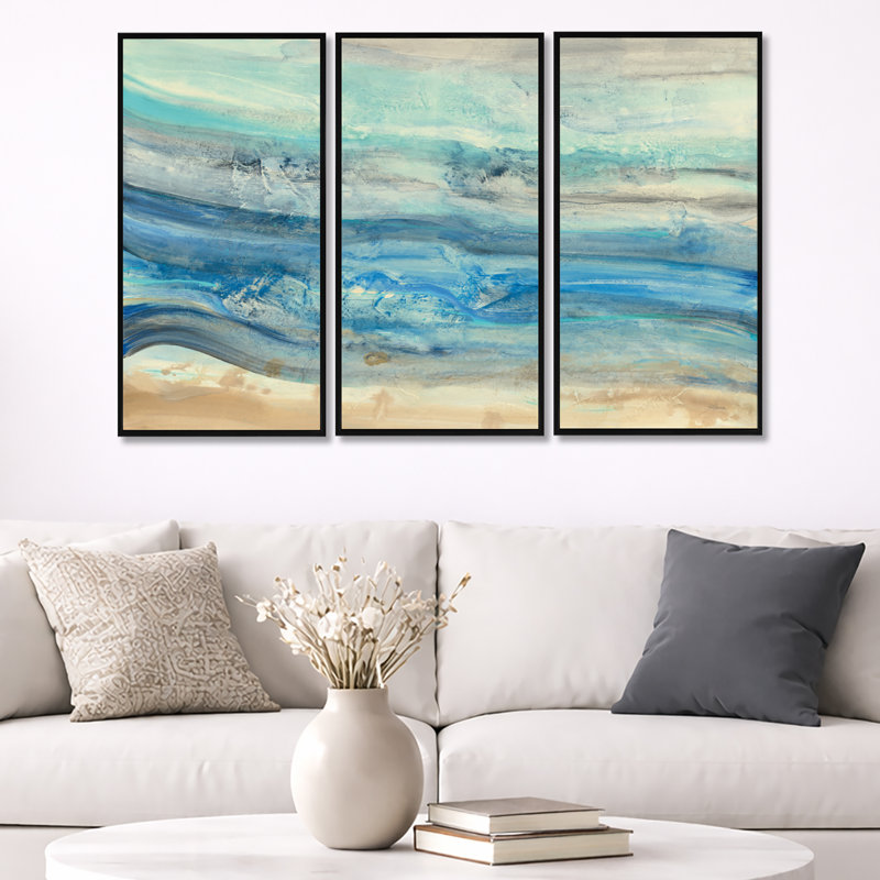 «Ocean Mineral Waves», peinture sur toile 3 pièces, H 28 po x l 36 po, Noir, noir, noir, noir