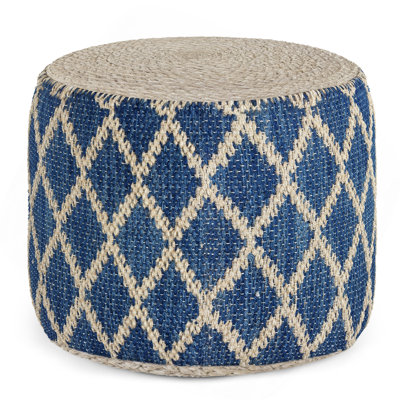 Edgeley 18 inch Wide Round Pouf in Classic Blue and Natural Handwoven Jute and Cotton