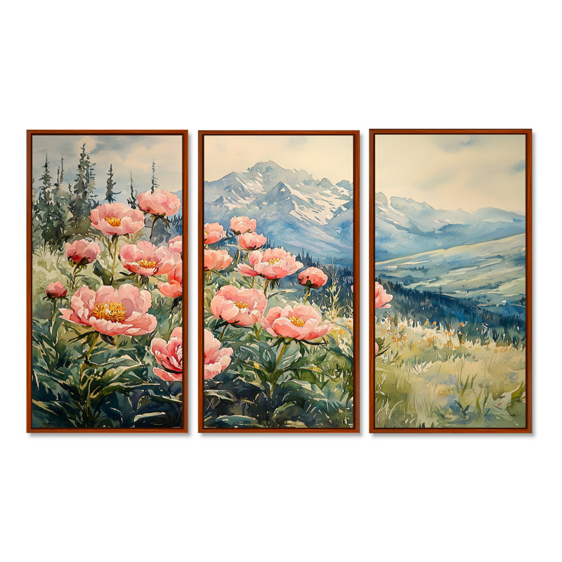 Pivoines dans les hautes prairies III - art mural pivoines - ensemble de 3, H 28 po x l 36 po, Brun