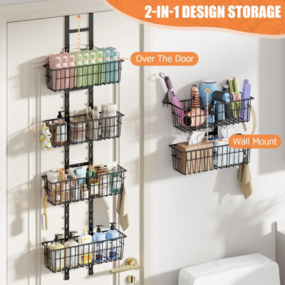 Over The Door Organizer, Adjustable Hanging Door Organizer with 6 Wire Baskets 5 Hooks, Metal Behind The Door Storage for Pantry Closet Bedroom Bathroom Cabinet Kitchen Laundry Room, Black