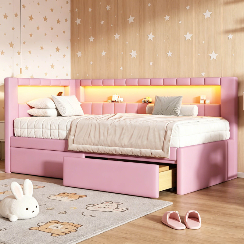 Upholstered Twin Size Platform Bed With USB Ports And LED Belt, With 2 Drawers, Pink