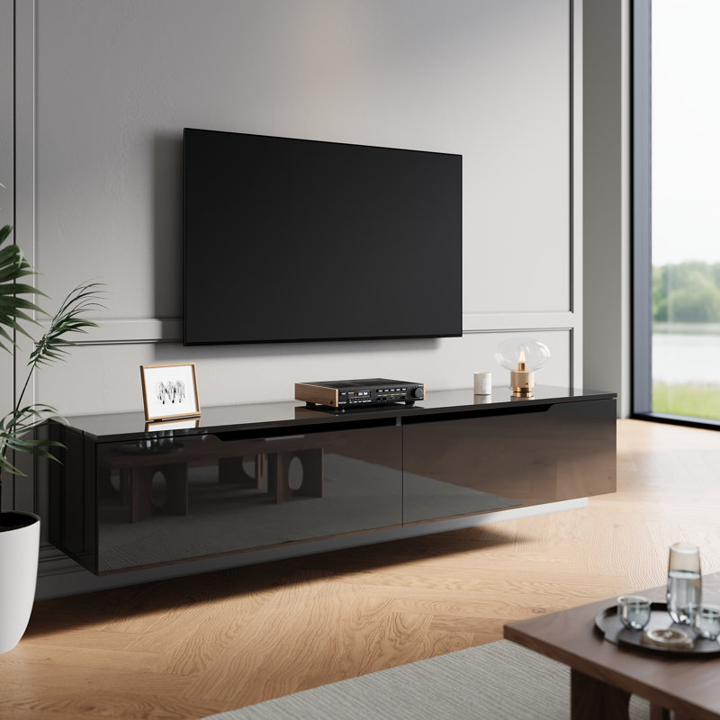 Floating TV Cabinet with RGB LED Light, Wall Mounted TV Stand, Soft Close Flip Doors Cable Hole, 30cm H x 160cm W x 35cm D