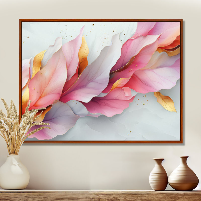 Or rose, veines élégantes de pétales de fleurs V - fleurs abstraites, art mural, H 16 po x l 32 po, Cadre flottant, Brun