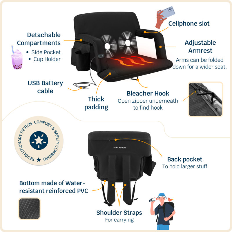 Black Heated Massage Reclining Outdoor Floor Chair