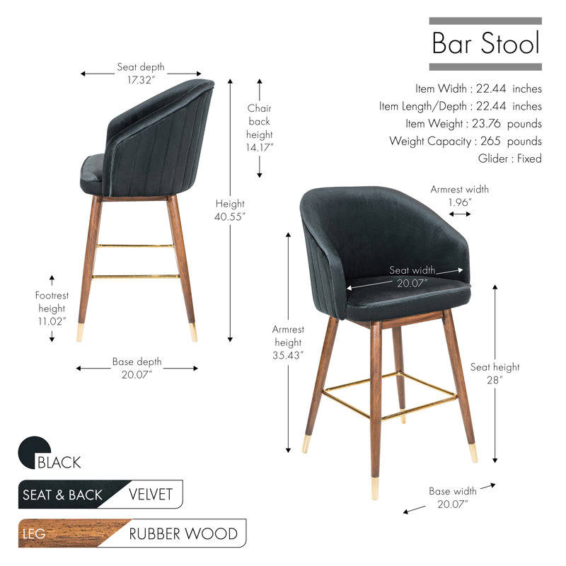 28'' Velvet Upholstered Bar Stool with Rubberwood Legs, Black