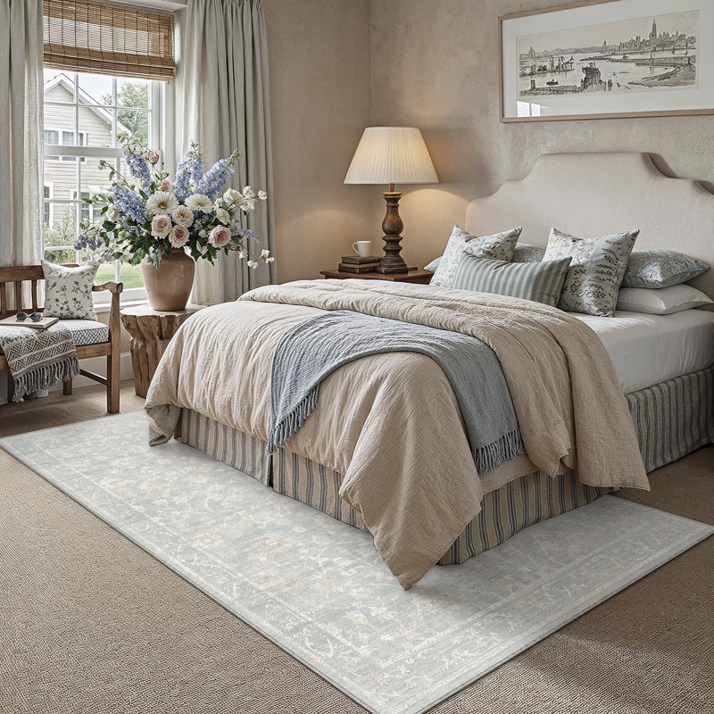 Tapis lavable à motif floral rétro Avella avec envers antidérapant, Bleu/beige, Rectangle 108 po x 72 po