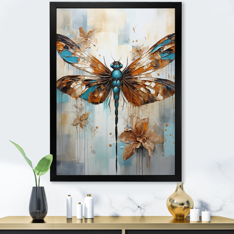Libellule turquoise sarcelle, Cadre d'angle fermé noir, H 20 po x l 12 po x P 1 po