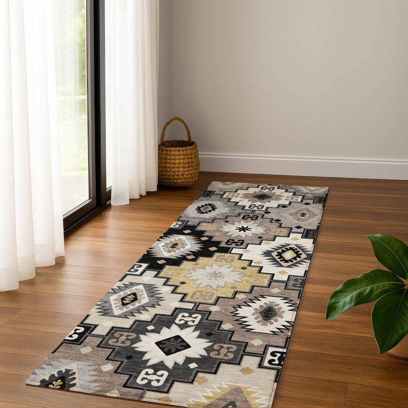 Premium Machine Washable Mayfield  Ethnic Rug, 2'3" x 7'6" Runner, Black