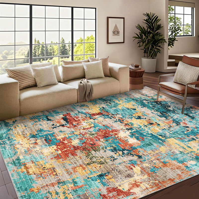 Modern Low Pile Washable Area Rug - Soft, Non-Slip, Collapsible Carpet - Mark Resistant, Easy Care Floor Mat for Living Room, Bedroom, Nursery - Pet & Child Friendly - Blue Grey Abstract Design