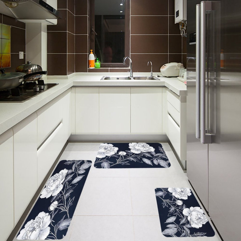 Ensemble de 3 tapis de cuisine bleu marine et pivoines pour cuisine et chambre à coucher modernes