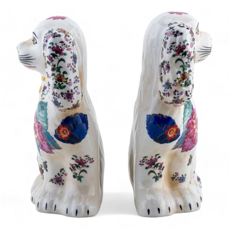Porcelain Staffordshire Dog Figurines Pair, Blue floral