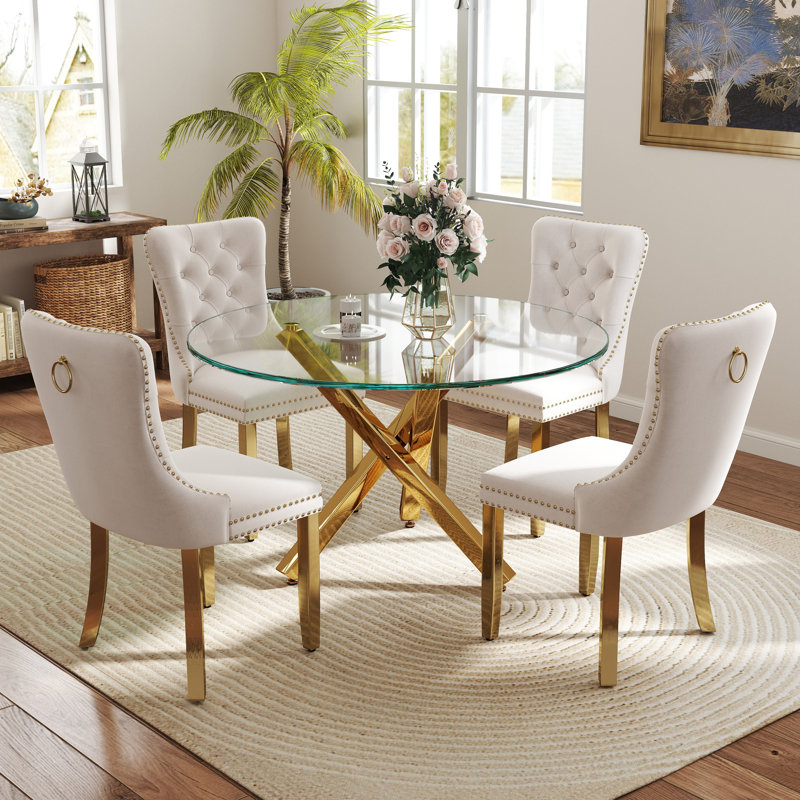 5-Piece Round Glass Dining Table Set, 29.5"H x 39"L x 39"W, Beige/Gold, Gold