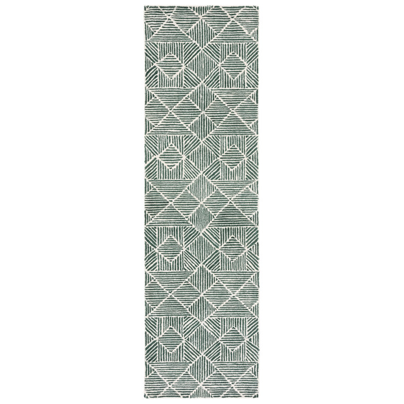 Tapis vert foncé / ivoire touffeté à la main Demetrius, Tapis de couloir 2 pi 3 po x 12 pi