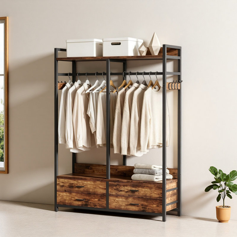 Organisateur de garde-robe autoportant avec porte-vêtements et tablettes pour l'organisation de la chambre à coucher