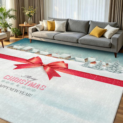 Red Machine Washable,Holiday Christmas with A Village and A Indoor Area Rug
