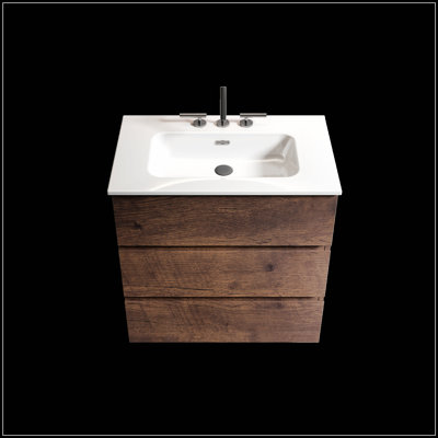 Meuble-lavabo de 30 po en noyer avec lavabo, 3 trous de robinet, grand rangement, autoportant pour salle de bain moderne, lavabo une pièce blanc
