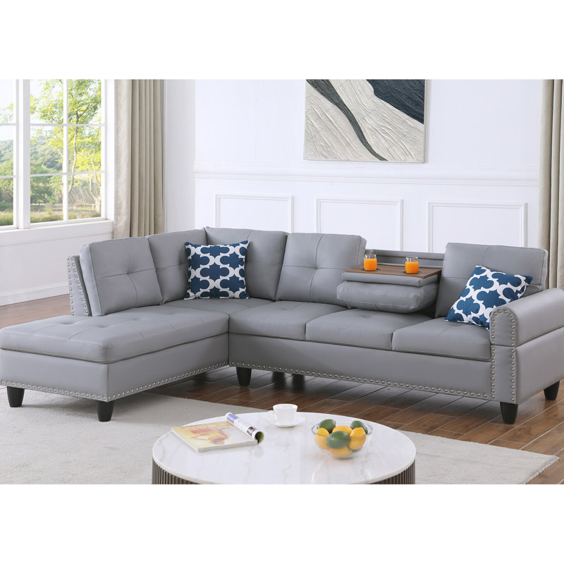 Ensemble de quatre sièges modulaires en L gris en similicuir gris, 3 pièces avec siège central rétractable pour des séances de jeu / cinéma confortables, comprend deux coussins décoratifs et un rangement, cadre en bois massif rembourré de mousse