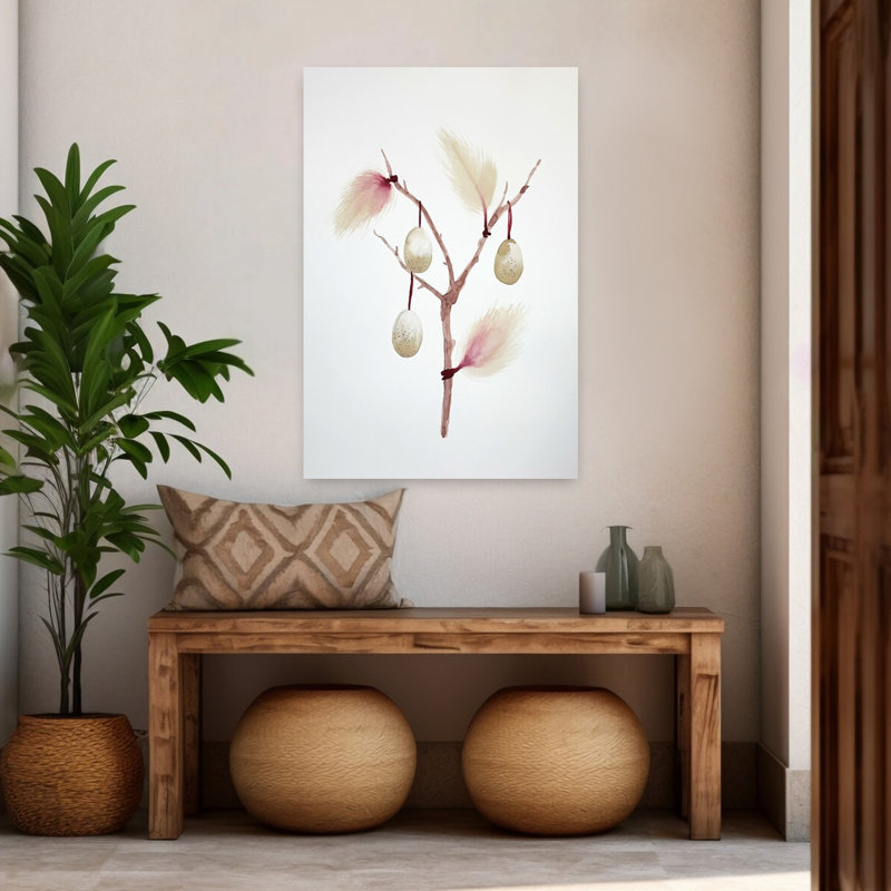 Branche de Pâques à plumes, impression délicate de printemps minimaliste élégant, 48" H x 32" W
