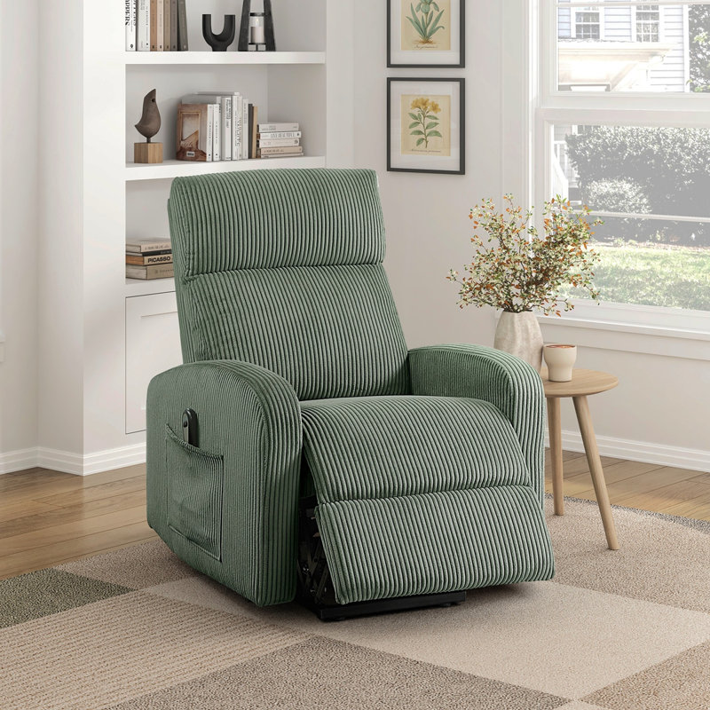 Contemporary Power Lift Chair Recliner 1Pc Green Plush Corduroy Upholstery Comfort Side Pocket Plywood Living Room Furniture