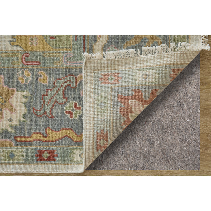 Karina Hand Knotted Wool Floral Area Rug in Blue/Gray/Rust/Gold, Rectangle 7'9" x 9'9"