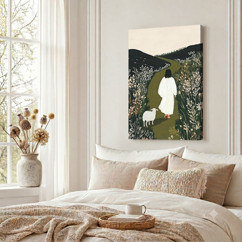 «The Good Shepherd Jesus Walking in Meadow», impression sur toile, 08*12 inch (20*30*2cm)