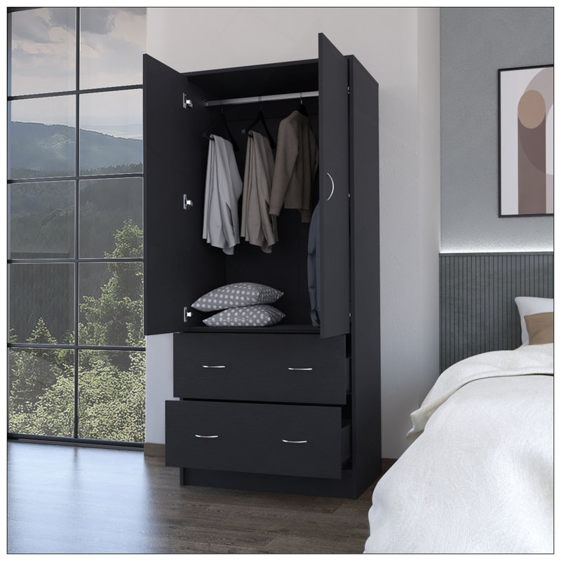 Armoire-penderie Wenden avec 2 tiroirs, 2 portes, beaucoup de rangement et une tringle, Noir