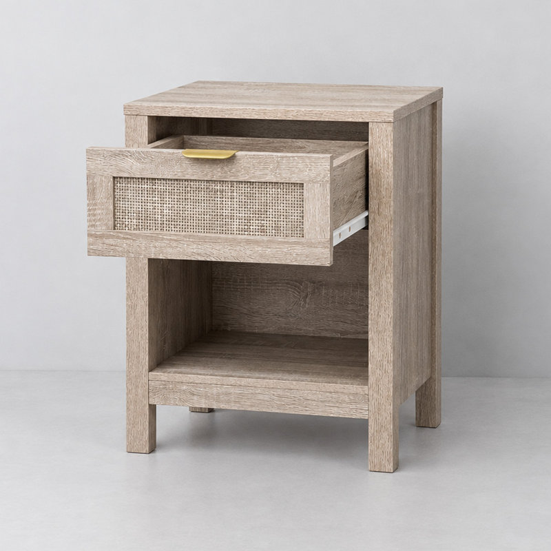 Table de chevet en rotin avec tiroir et tablette ouverte - Lot de 1, 1
