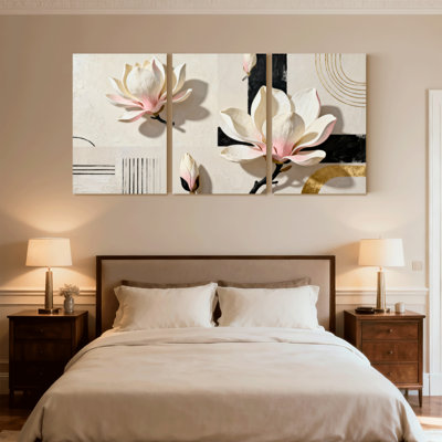 Plantes et fleurs, fleurs de magnolia abstraites, ensemble de 3 impressions sur toile