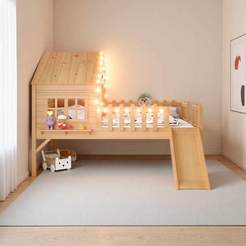 House Loft Bed With Slide,Playhouse Bed With Star Moon-Shaped Designs And Window, Chic Design With LED Lights,No Box Spring Needed