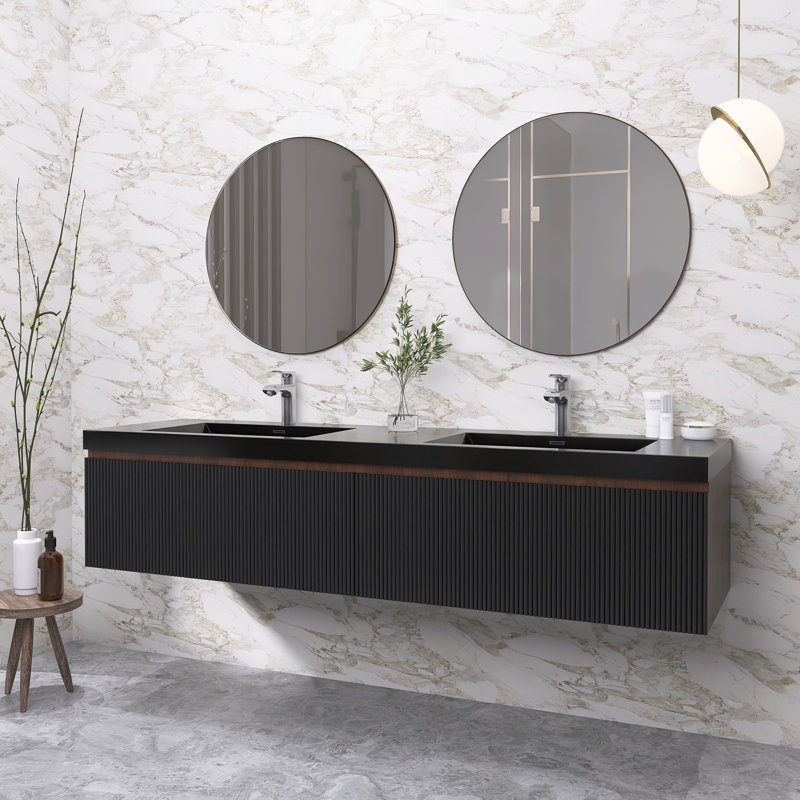 Meuble-lavabo moderne à rayures avec lavabo double, 71"
