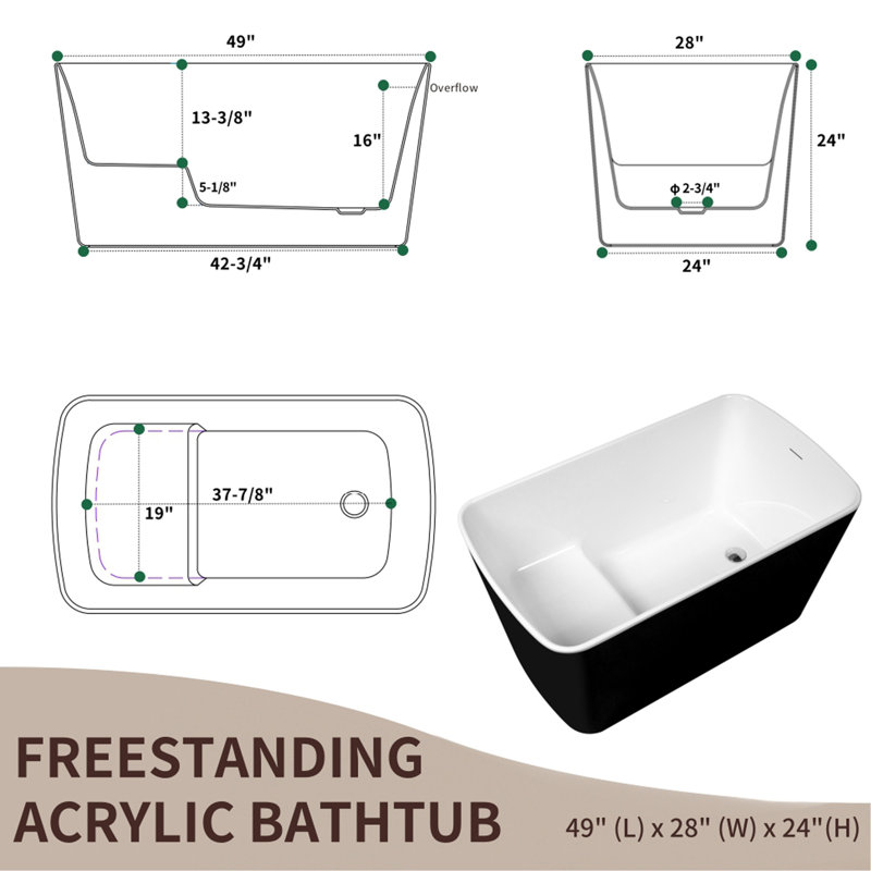 49'' X 28'' Acrylic Freestanding Soaking Bathtub, Square-Shape Japanese Soaking Hot Tub, Sit-In Design With Chrome Overflow And Drain, Available For Express Delivery