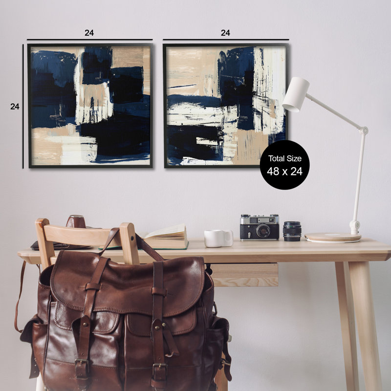 Abstrait bleu marine, ensemble de 2 estampes numériques par Susan Jill, H 24 po x l 24 po, Giclée encadrée noir minuit