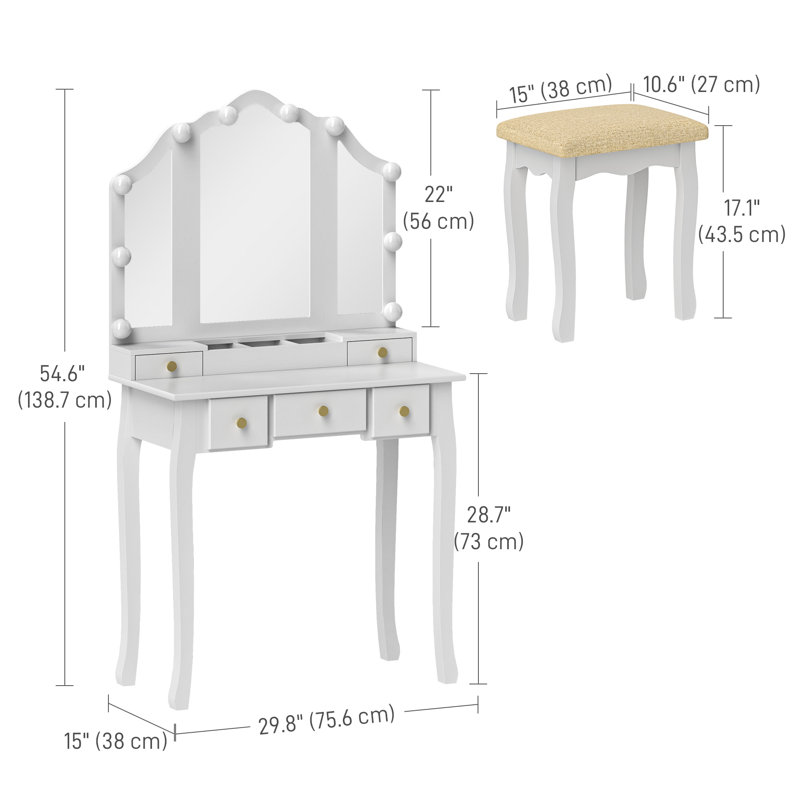 Ensemble de meuble-lavabo avec miroir et tabouret, bureau de meuble-lavabo avec rangement, blanc