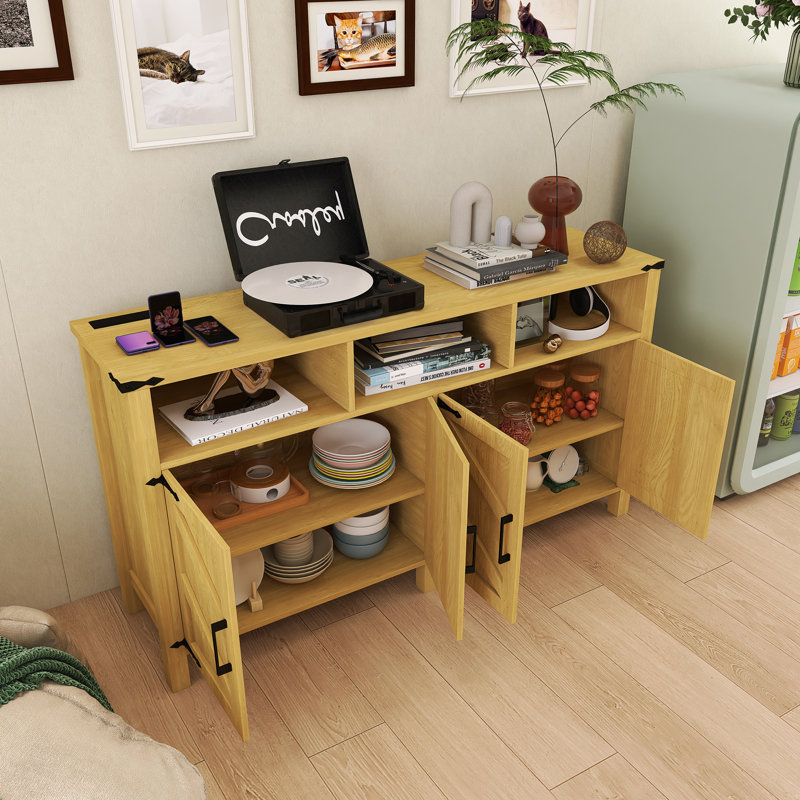 Buffet 59,00 pouces en bois avec prises de courant, ports USB et tablettes, Natural Wood
