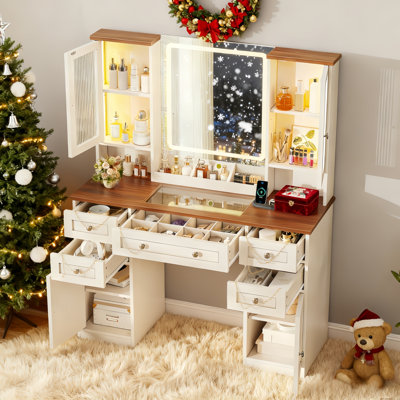 Farmhouse Vanity Desk With Led Mirror, Rgb Light Cabinets & Charging Station, 5-drawer Makeup Table With Adjustable Lighting, Power Outlet, Ample Stor by Wrought Studio