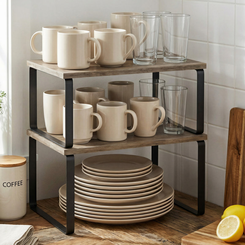 2-Pack Stackable Expandable Cabinet Shelf Organizers, Kitchen Counter Storage Riser & Spice Rack for Pantry and Cupboard