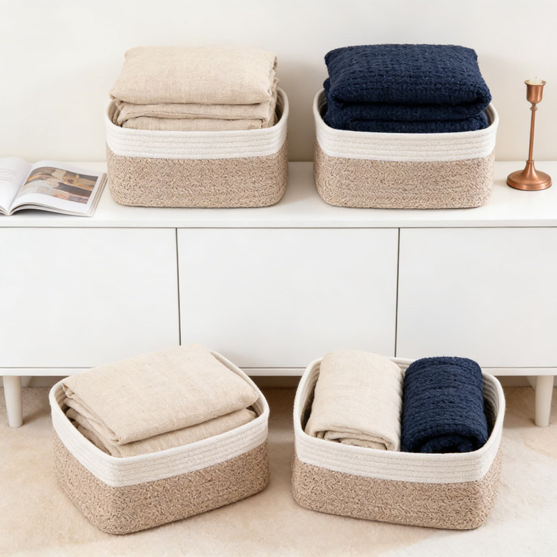 4 Pack Fabric Storage Baskets And Organizer Bins For Shelves, Closet, And Home Organization, Decorative Square Design For Versatile Use