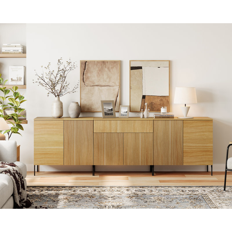 94.5" Reeded Accent Cabinet Set With Doors And Drawers, Modern Credenza Storage Cabinet With Adjustable Shelves For Living Room, Kitchen, Dining Room, Hallway