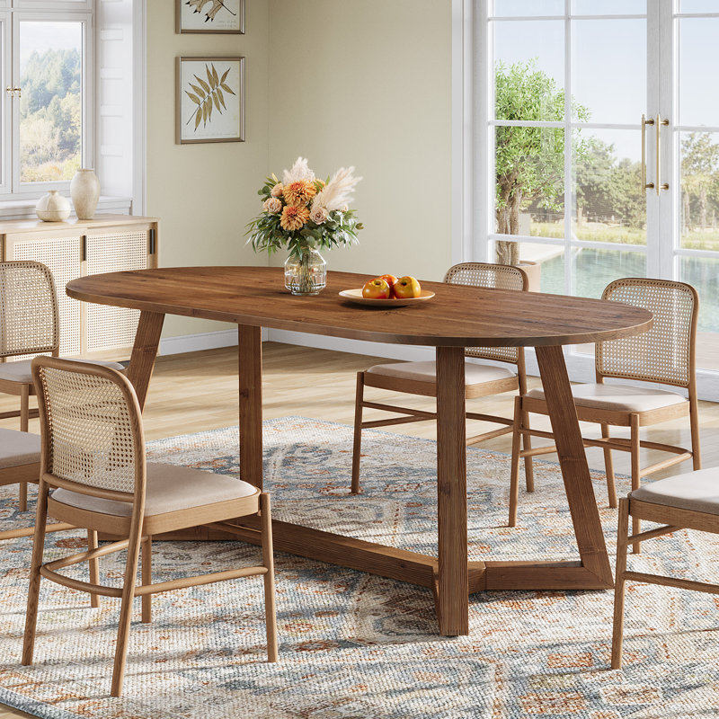 Solid Wood Oval Dining Table For 4-6, 63-inch Wooden Farmhouse Kitchen Table With Sturdy Tapered Legs, Rustic Brown