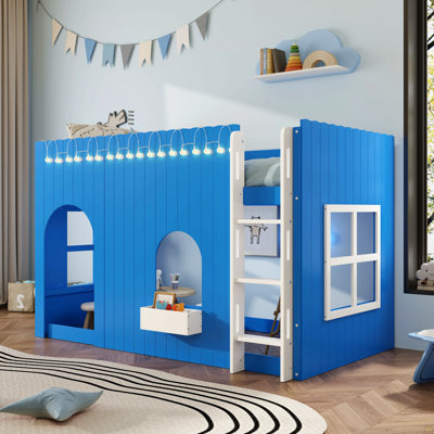 Lit mezzanine simple pour enfants avec guirlande lumineuse à DEL, bleu Klein