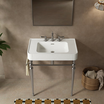Meuble-lavabo console Hinkle 76 cm (30 po), lavabo intégré en surface solide blanche avec 3 trous prépercés pour robinetterie, pieds de support autoportants en acier inoxydable et porte-serviettes, sans robinet ni bonde, couleur chromée